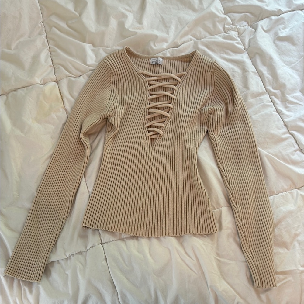 Beige Ribbed Lace-Up Sweater Top